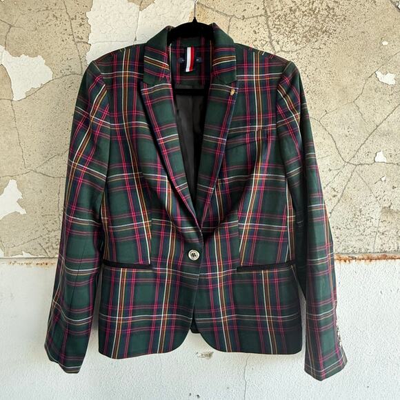 Tommy Hilfiger Blazer Womens 10 Green Plaid Single Button Holiday Office Party - Picture 1 of 9